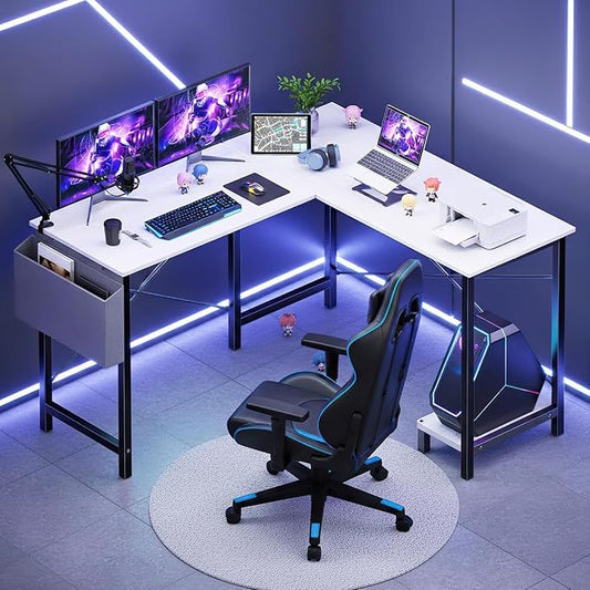 Sweetcrispy L Shaped Desk Computer Gaming Corner Table PC Workstation with CPU Stand Side Bag for Home Office Dorm Sturdy Writing Setup Furniture White 50 Inch Desk