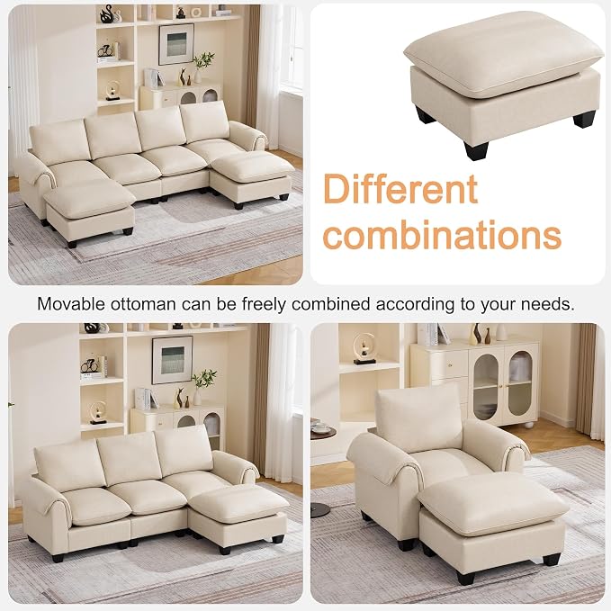 96" Faux Leather Modular Sectional Sofa with Movable Ottoman, Oversized 3 Seater Couch with Curved Armrests, Cloud Modern L-Shaped Sofa Deep Seat for Living Room, Beige