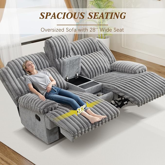 Oversized Reclining Loveseat with Hidden Cup Holders & Wireless Charger, Manual Double Recliner Sofa, Wall Hugger Loveseat Recliner with USB Ports for Living Room (Gray, Loveseat)