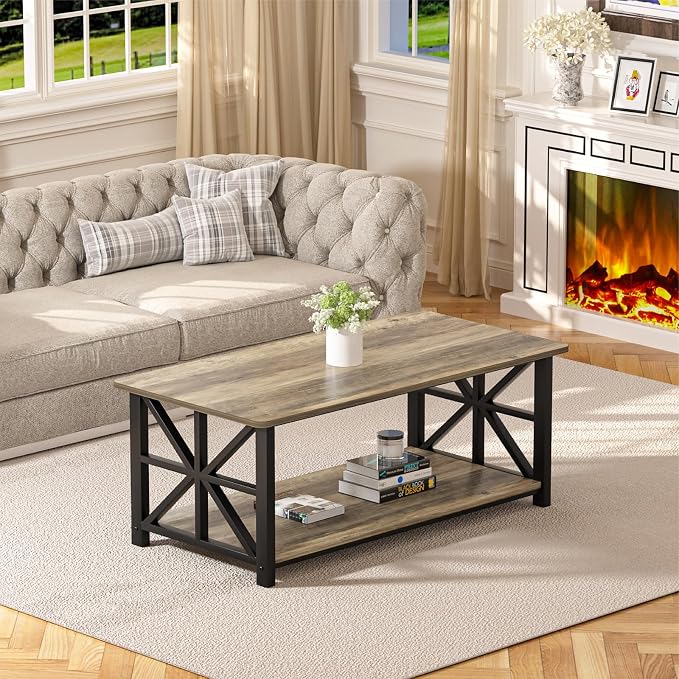 GreenForest Round Corners Coffee Table for Living Room | armhouse Style Center Table with Storage Shelf,39 Inch Space Saving Sofa Table,Easy Assembly,Gray Wash