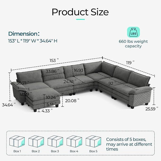 LINSY HOME Modular Sectional Sofa 6 Seat Couch Corduroy Cloud Couch with Deep Seat, Modern C-Shaped Cloud Couch for Living Room, Office, Bedroom, Grey