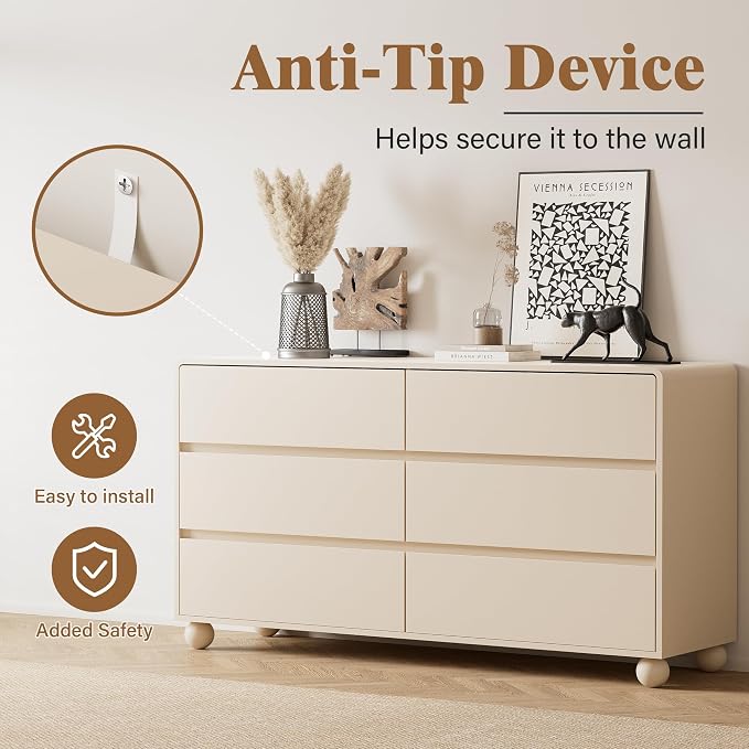 Furniway 3 Piece Bedroom Set, 6 Drawer Dresser and 2 Drawer Nightstand Set of 2 with Round Legs, Modern Wood Chest of Drawers Storage Cabinet for Bedroom, Beige