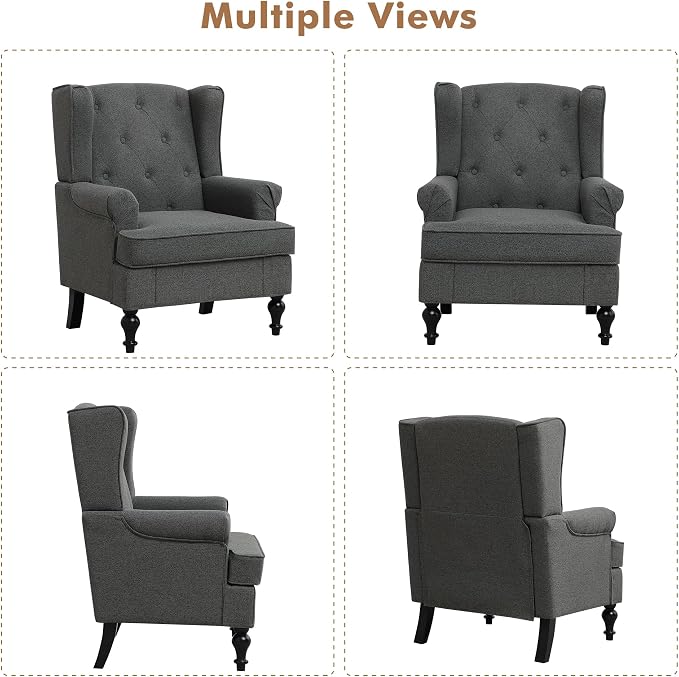 Accent Chair for Living Room, Mid Century Modern Upholstered Armchair, Wingback Chair with Tufted High Back and Solid Legs, Comfy Side Chairs Single Sofa for Bedroom, Dark Grey