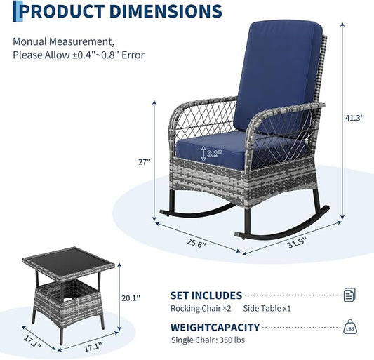 3 pcs Outdoor Rocking Bistro Set, Wicker Rocking Bistro Set with Thick Cushions, Outdoor Rocker Chairs and Coffee Table for Porch, Backyard or Garden (Gray&Blue)