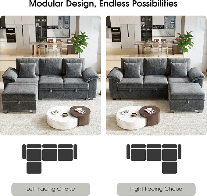 86" Modular Sectional Sleeper Sofa Bed, L Shaped 4 Seat Pull Out Couch with Storage Ottoman, Convertible Cloud Couch Bed, Sectional Couches for Living Room, Apartment (Gray)
