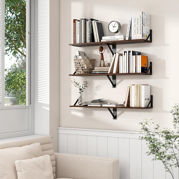 Axeman Floating Shelves for Wall, 8 Inch Deep Brown Wall Shelves Set of 2, 16''W x 8''D Rustic Brown Wood Shelves for Bookshelf Living Room Bedroom Home Office Bathroom