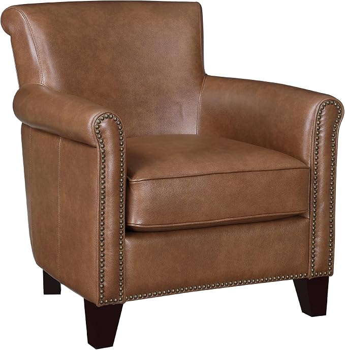 Lexicon 100% Top Grain Genuine Leather Chair, Leather Accent Chairs for Living Room, Solid Wood Frame, Rolled Armrest & Nailhead Trim, Comfy Reading for Bedroom, Office, Waiting Room, Brown