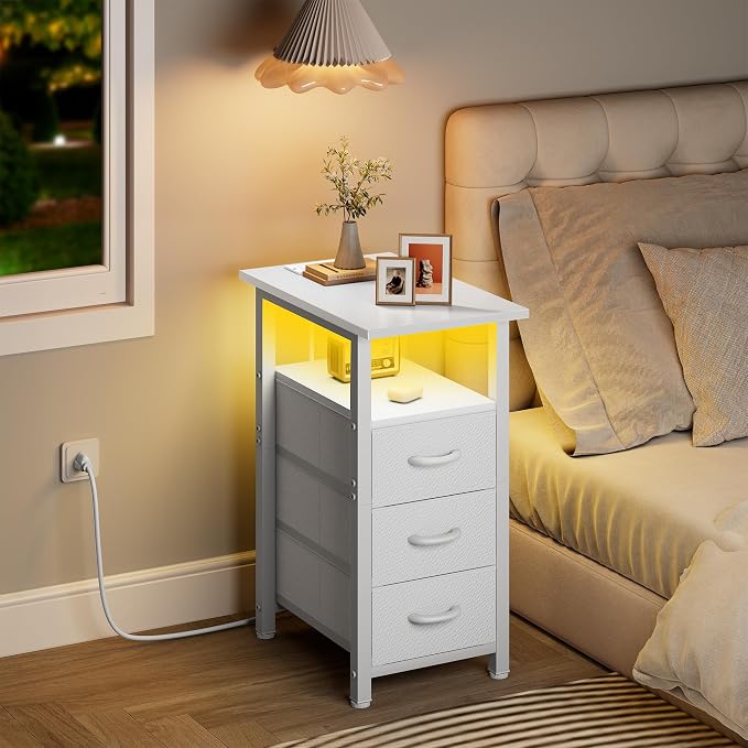 Vagusicc Set of 2 White Nightstand with Charging Station and LED Lights, Narrow End Table, LED Night Stand with 3 Fabric Drawers for Bedroom, Small Bedside Table, Narrow Side Table for Small Spaces