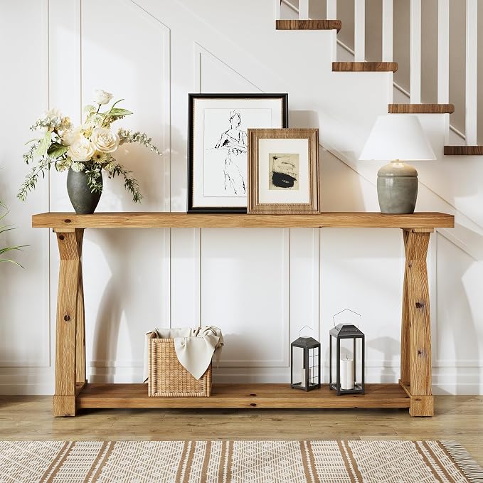 Wood Console Table for Entryway, 63" Entryway Table with Storage | Farmhouse Narrow Long Sofa Table with 2-Tier Shelves, Couch Table Behind Sofa for Entrance, Foyer, Living Room, Rustic Brown