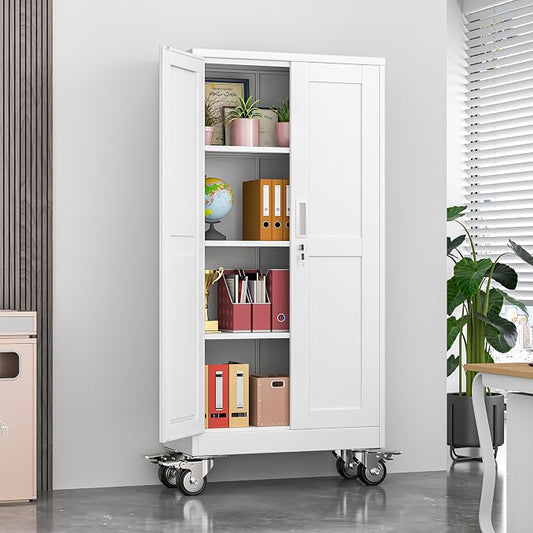 Metal Garage Storage Cabinet, 61”Tall Rolling Utility Cabinet White | storage system with Wheels, Lock, 3 Adjustable Shelves, Heavy Duty Steel Tool Locker for Home Office, Utility Room, Gym