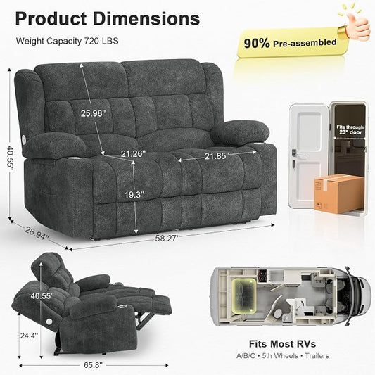 RV Loveseat Recliner Sofa, Reclining Loveseat Home Theater Seating with USB Ports, Cup Holders, Insert Pockets, Wall Hugger RV Recliners for Movie Room, Recline Movie Seats Gaming Sofa, Gray
