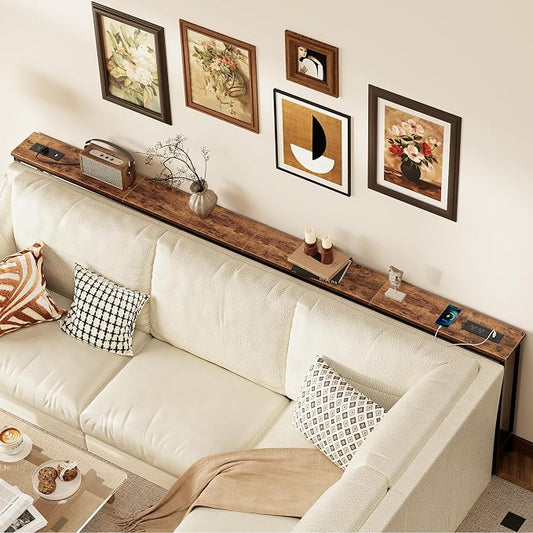 SUPERJARE 110.2 Inch Sofa Table with Power Outlets and USB-C Ports, 5.9 Inch Narrow Console Tables, Entryway Hallway Couch Tables with Storage, Behind Sofa, Living Room, Rustic Brown, AST046Z