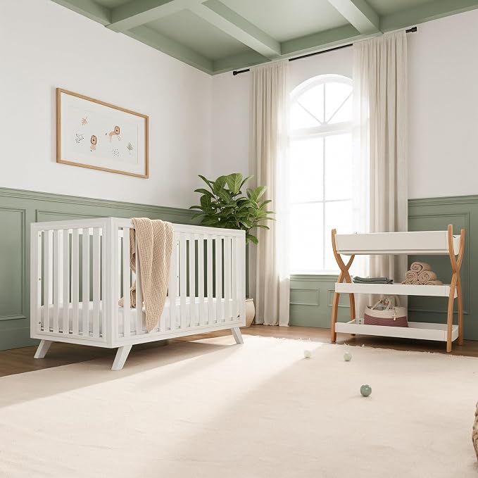 Comfy Cubs Baby Crib for 0 to 3 Years - Adjustable Mattress Height, Natural Wooden Crib for Baby, Elegant Nursery Furniture - 80 lbs Capacity Nursery Bed, Designed in The US - All White