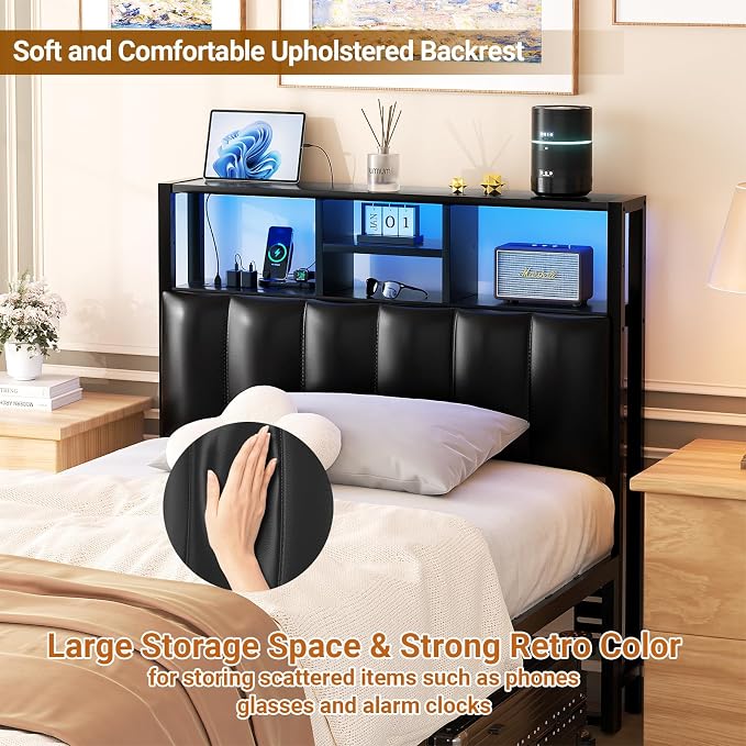 Aheaplus Headboard for Twin Size Bed with Storage, Upholstered Headboards with Outlets, USB Ports and LED Light, Reversible Twin Size Head Board, Height Adjustable, Comfortable Headboard, Black
