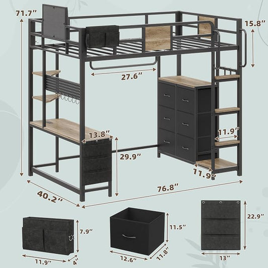 Dnxao Twin Loft Bed with Desk, Heavy Duty Twin Bed Frame with Integrated 6 Storage Drawers & DIY Pegboard, Smart LED Lights, Charging Station with Type-C, Space-Saving Workstation for Teens,Oak Gray