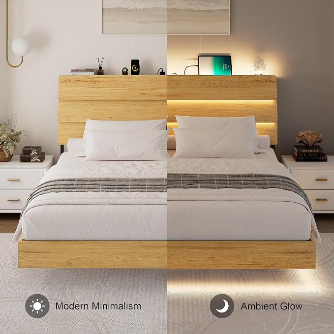Feonase Floating Bed Frame King with Led Lights and Charging Station, Wood Full Size Bed Frame with Storage Headboard, Heavy Duty Metal Slats, No Box Spring Needed, Easy Assembly,Oak