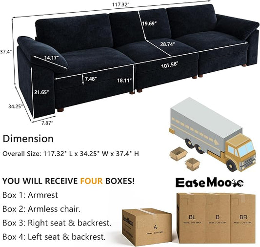 EASE MOOSE Modern 3 Seat Sectional Modular Sofa, Comfty Deep Seat Couch for Living Room,Solid Wood Frame Sofa,Blue