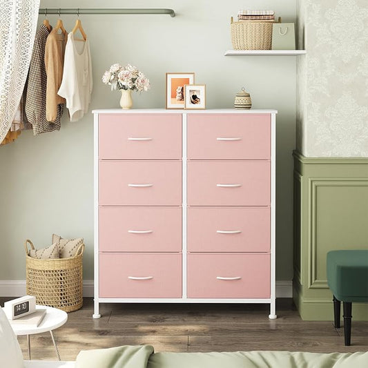 OLIXIS 8 Drawer Storage Dresser with Wood Top - Wide Fabric Chest Organizer for Bedroom, Closet, Living Room,Tower Cabinet, TV Stand, Hallway Entryway Furniture,Pink