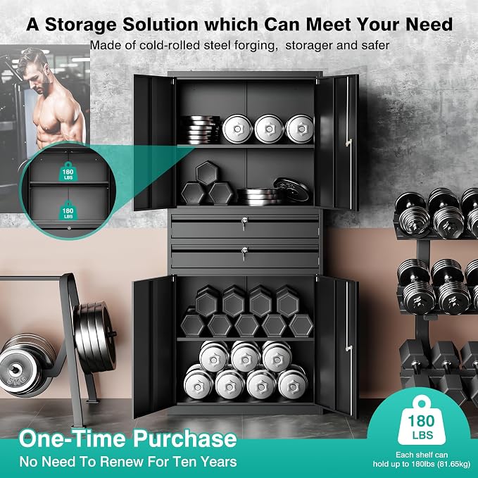 SISESOL Metal Storage Cabinet with Drawer and Locks,Black Garage Storage Cabinet with Locking Doors and Adjustable Shelves,71" Tall Large Metal Cabinets with Magnetic Door for Home,Office,Garage