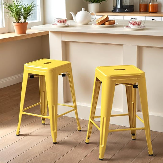 Furmax 24 Inch Metal Bar Stools Set of 4, Counter Height Bar Stools Height High Backless Stools Industrial Stackable Bar Chairs for Dining Room Kitchen Indoor Outdoor Stools Bar Chairs (Yellow)