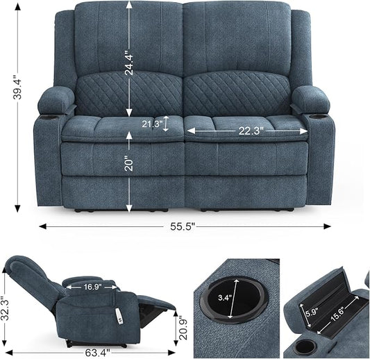 Yolsali Loveseat Recliner Sofa, Manual Reclining Loveseat with Removable Armrest, Fabric 2 Seater Couch for RV with 2-Tier Cushions, USB Charging Ports, Cup Holders - Blue