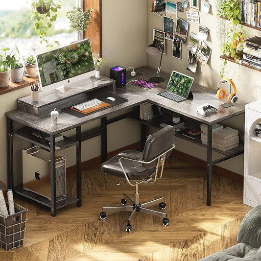Unikito Reversible L Shaped Desk with Power Outlets and RGB LED Light, Sturdy Computer Desk with Ergonomic Monitor Stand and Storage Shelves, Corner Desk for Home Office, Easy Assembly, Black Oak
