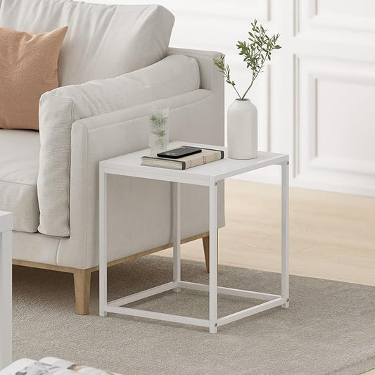 Furinno CAMNUS Side Table, Modern End Table with Metal Frame, Square Open Frame Night Stand, Bedside Table, Easy Assembly, for Living Room, Bedroom, Solid White