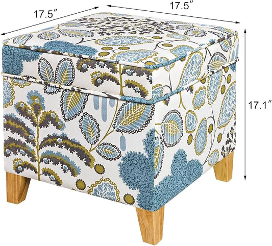 Adeco 18 Inch Linen Storage Ottoman Cube, Upholstered Footstool for Living Room & Bedroom, Vanity Stool with Safety Hinge Lid & Solid Wood Legs, 2-Min Assembly, Blue Leaves