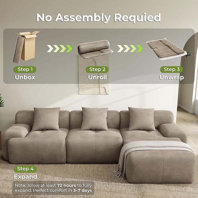 LIKIMIO LumiCord Modular Sectional Sofa with Ottoman, 118" L-Shaped Boneless Couch for Living Room, Oversized Deep Seat with Corduroy Upholstery, No Assembly Required, Light Brown