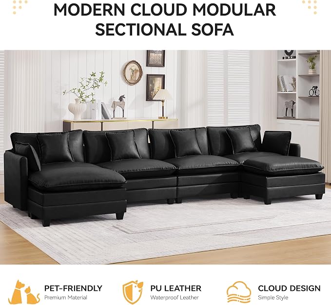 147'' Sectional Cloud Deep Seat Couch, Oversized Leather U Shaped Sectional Sofa for Living Room Set, Comfy Upholstered Modular Sectional Sofa Couch with Movable Ottoman, Leather Black