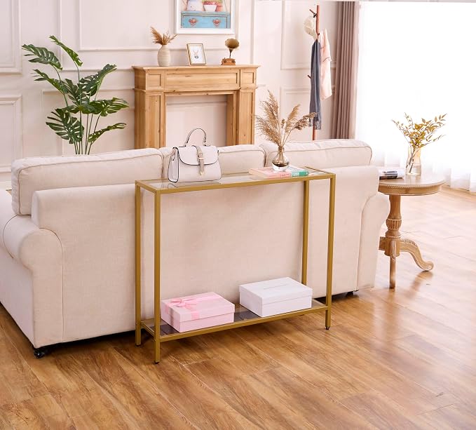 MAJARO Small Modern Console Table for Entryway, Tempered Glass with Metal Frame Sofa Table for Living Room, Hallway, Office (Double-Layer, Gold)