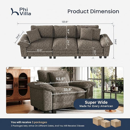PHI VILLA Modern Modular Couches Sets, 123.6" Cloud Sectional Sofa with Upholstered Deep Seat, 3-Seater Couch for Living Room Small Spaces, Chenille Fabric, Smoky Grey