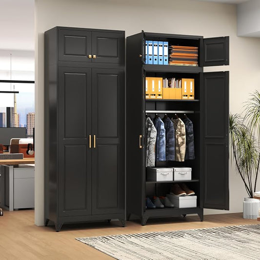 Polup Metal Armoire Closet, 86 Inch Tall Wardrobe Armoire with Hanging Rod, Wardrobe Closet for Clothes with Doors, 18" D x 32" W x 86" H,Black, Assemble Required, Shipped in Two Packages