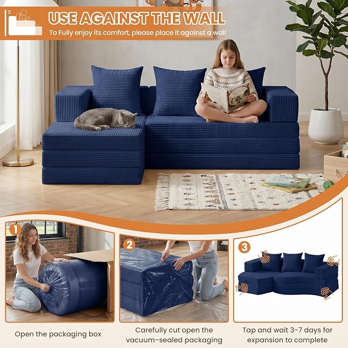 65" Modular Sectional Sofa, Boneless Convertible Sleeper Sofa Bed, Modern Tri-Folding Cloud Couch with L-Shape Chaise, Corduroy Futon Couches for Small Spaces Apartment,No Assembly,Blue
