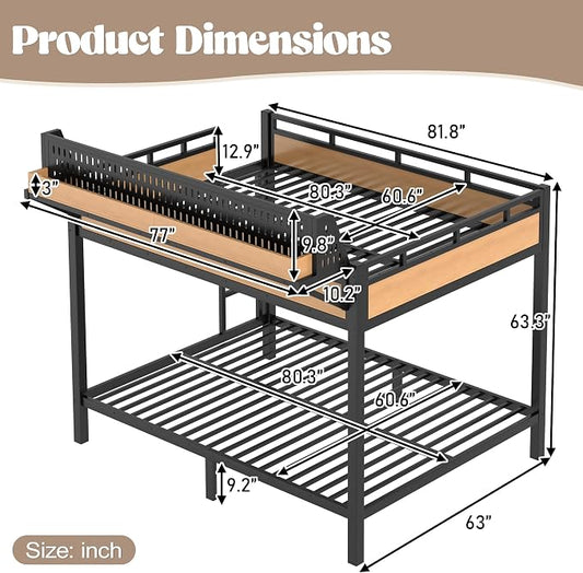 Bellemave Bunk Bed Queen Over Queen,Metal Bunk beds with Storage Shelves USB Ports and LED Lights, Natural