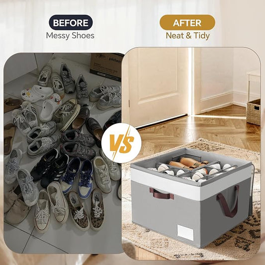 Criusia Shoe Organizer for Closet, 2 Pack Foldable Shoe Storage Organizer Box Bin with Adjustable Dividers and Clear Cover, Closet Shoe Storage for Sneakers Sandals Boots, Fit 16-32 Pairs, Gray