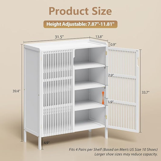 Shoe Cabinet with Doors Bamboo 5 Tiers Shoe Storage Cabinet for Entryway, 25 Pairs Wooden Shoe Cabinets, Modern Shoe Organizer Storage for Living Room, Bedroom, Hallway, Closet (White)