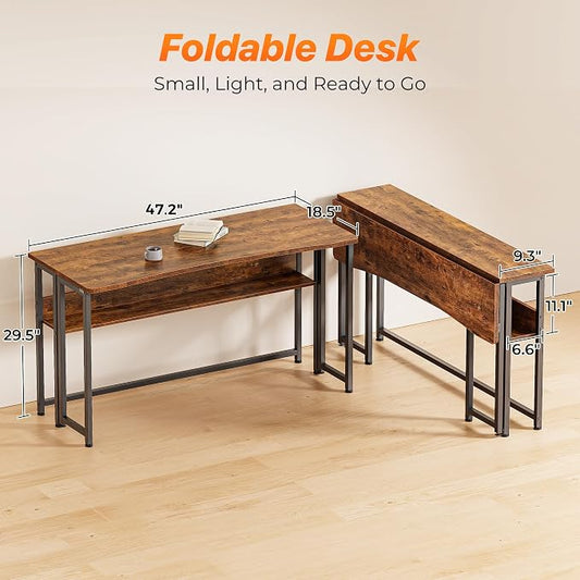 Huuger Folding Desk with Storage Shelf, 47.2 Inch Foldable Computer Table for Small Spaces, Space Saving Sofa Table for Couch, Writing Work Office Computer Desk, Easy to Fold, Rustic Brown