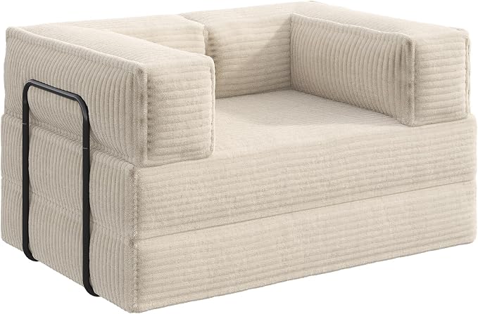 WLIVE 60'' Futon Sofa Bed, Convertible Sleeper Sofa, Folding Pull Out Couch Boneless Mattress with Fixed Frame, Corduroy, Greyish Beige