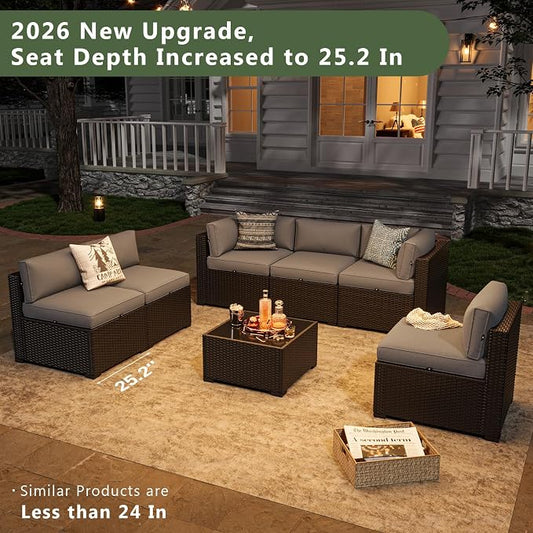 Aoxun 7 Piece Patio Furniture Set Wicker Rattan Patio Sectional Sofa Set Outdoor Seating Furniture with Thickened Cushion, Grey