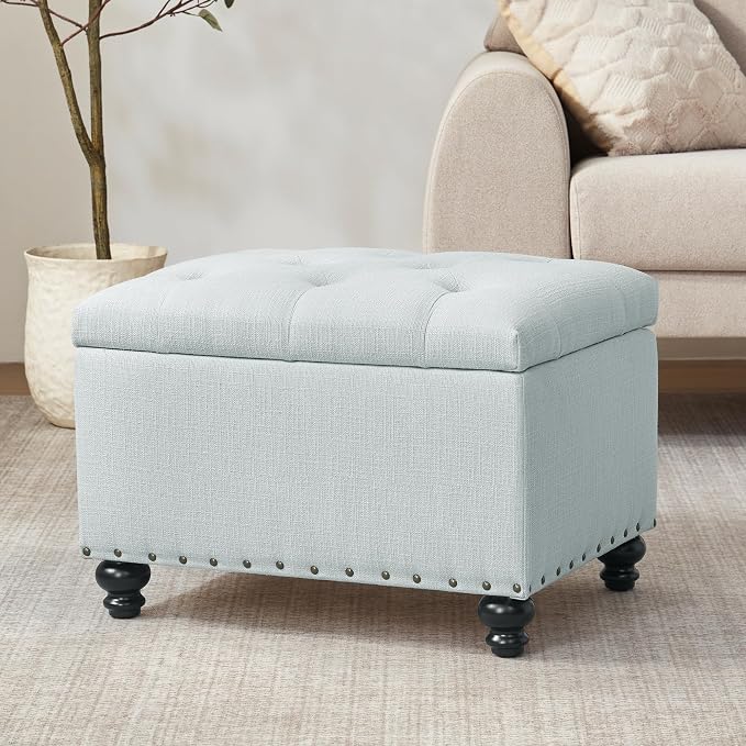 Zihanhome Small Ottoman with Storage, Upholstered Button Tufted Ottoman Foot Rest, Foot Stools, 24" Rectangle Bench with Storage for Living Room, Bedroom, Dorms and Apartments (Light Blue)