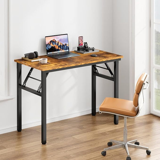 Need Office Computer Desk -35.8 L Sturdy and Heavy Duty Folding Laptop Table,Writing Table/Home Office Desk/Sewing Table, No Assembly Required, Rustic Brown & Black Frame