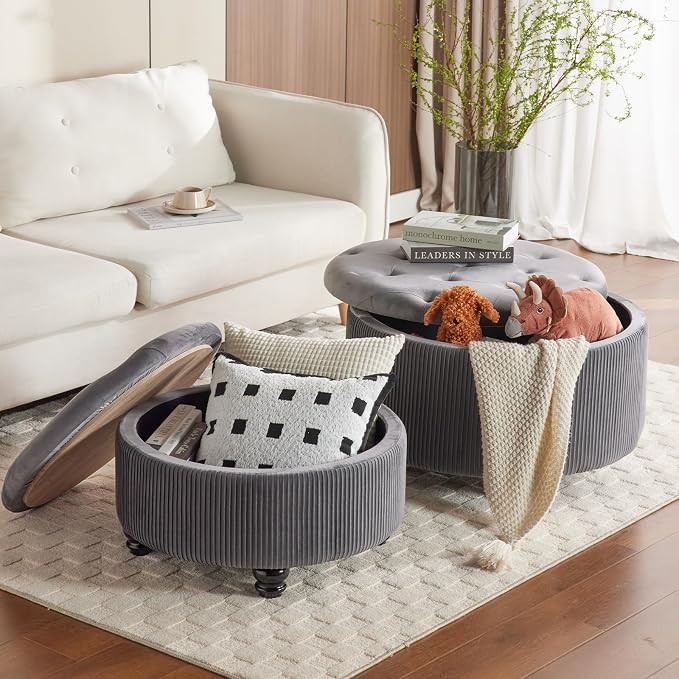 29&24.5inch Large Round Storage Ottoman Coffee Table Set of 2 Modern Button Storage Coffee Table with Removable Lid for Living Room Upholstered Footrest Stool for Bedroom (Large-Grey)