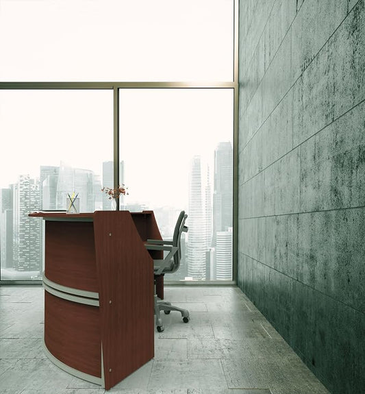 Linea Italia Curved Modern Office Desk Easy to Assembly 2 Panel Reception Counter for Lobby, Salon, 124" x 49", Cherry