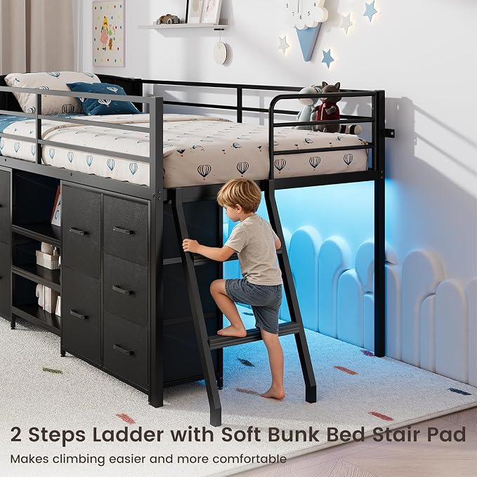 ELYKEN Low Loft Bed Twin Size with 10 Storage Drawers,Twin Loft Bed with Bookcase and LED Lights,Metal Kids Loft Bed with Safety Guardrail,Inclined Ladder & Play Curtain, Under-Bed Play Space, Black
