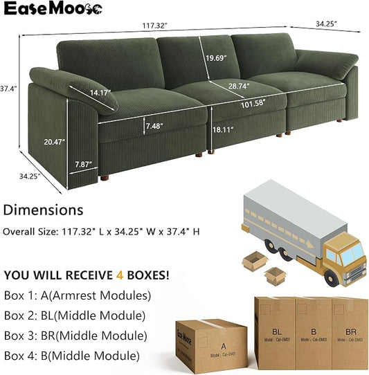 EASE MOOSE Oversized Sectional Modular Sofa, Comfty 3 Seat Cloud Couch, Modern Deep Seat Sectional for Living Room,Green