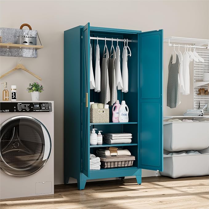 Metal Wardrobe Closet with Doors and Shelves, 71" Farmhouse Bedroom Armoire with Hanger Rod and Clothing Shelf, White Steel Wardrobe Cabinet Storage Clothes Closet