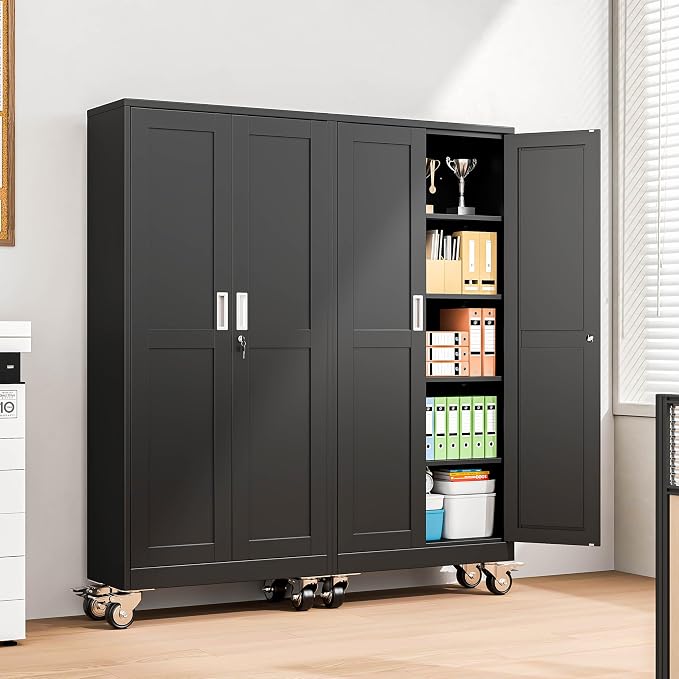 Metal Garage Storage Cabinet, 71”Tall Rolling Utility Cabinet Black | storage system with Wheels, Lock, 4 Adjustable Shelves, Heavy Duty Steel Tool Locker for Home Office, Utility Room, Gym