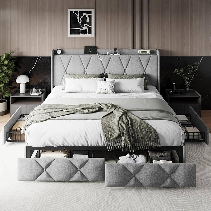 Einhomn King Size Bed Frame with 4 Storage Drawers and Charging Station, Upholstered Platform Bed Frame with Storage Headboard, No Box Spring Needed, Easy Assembly, Light Grey
