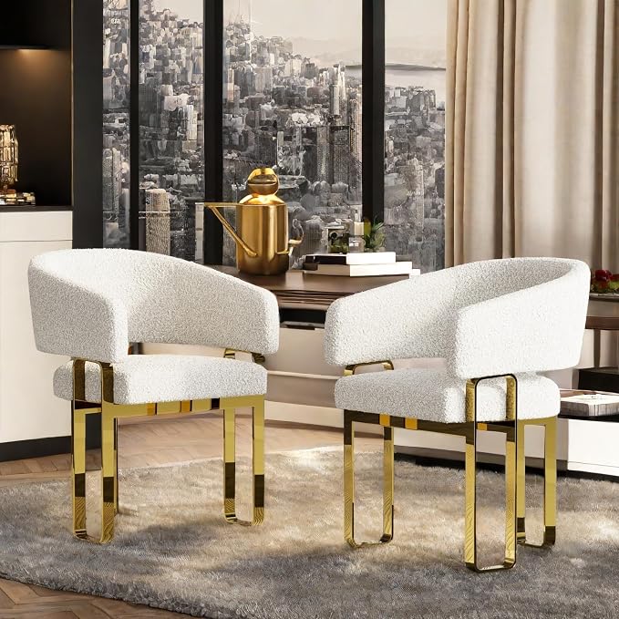 Dining Chairs with Arms Set of 2, Luxury Boucle Dining Chairs with U-Shaped Mirrored Gold Legs, Modern Barrel Chairs for Dining Table, Kitchen and Dining Room Restaurant Recepition